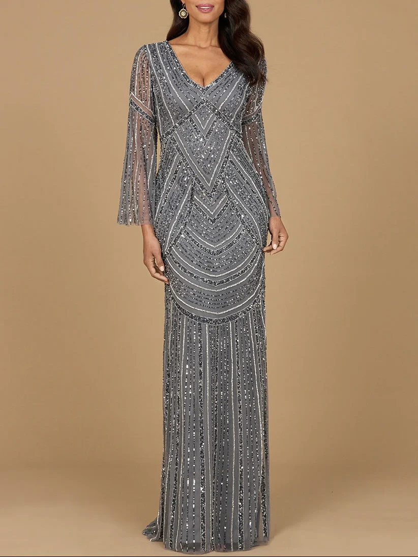 Long Sleeve Beaded Gown with Trumpet Sleeves - Image 3
