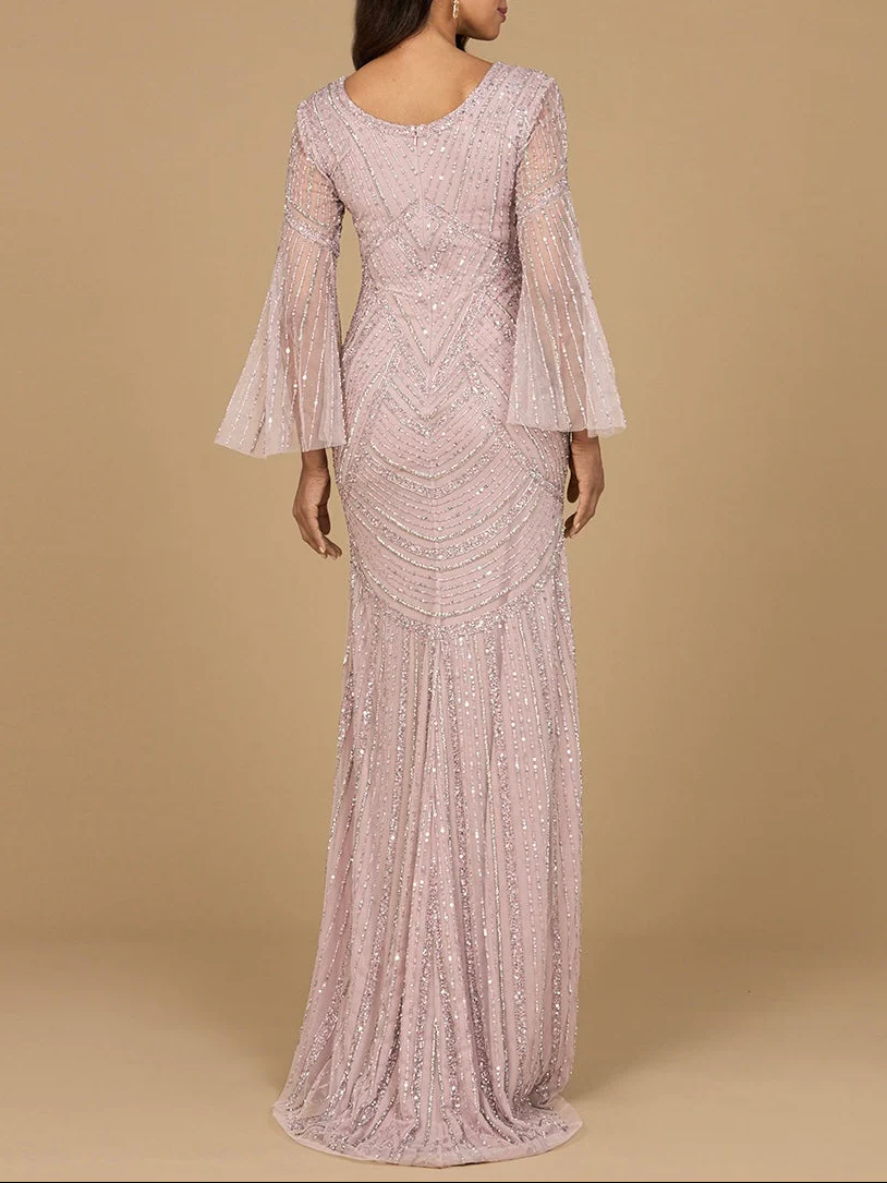 Long Sleeve Beaded Gown with Trumpet Sleeves - Image 4
