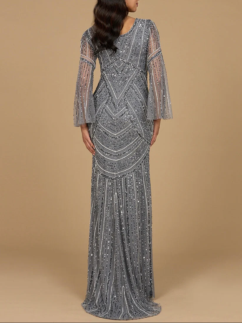 Long Sleeve Beaded Gown with Trumpet Sleeves - Image 5