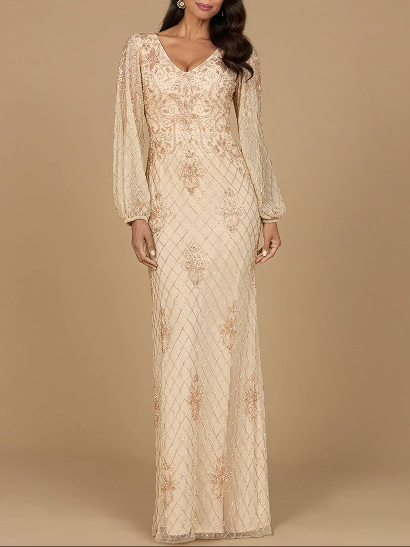 Long Sleeve Beaded Gown with Bishop Sleeves - Image 3