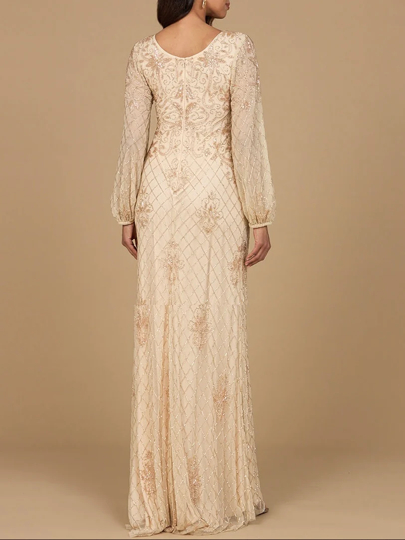 Long Sleeve Beaded Gown with Bishop Sleeves - Image 4