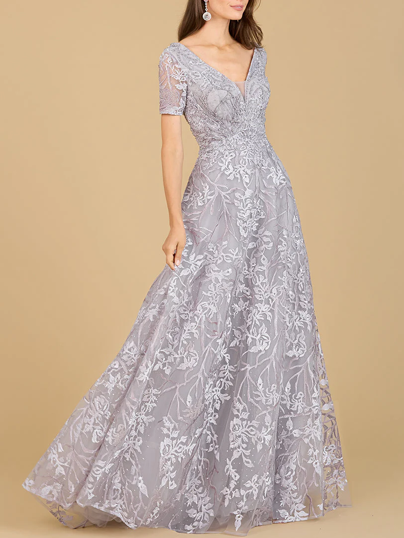 Short Sleeve Lace A-Line Dress with V-Neckline - Image 5