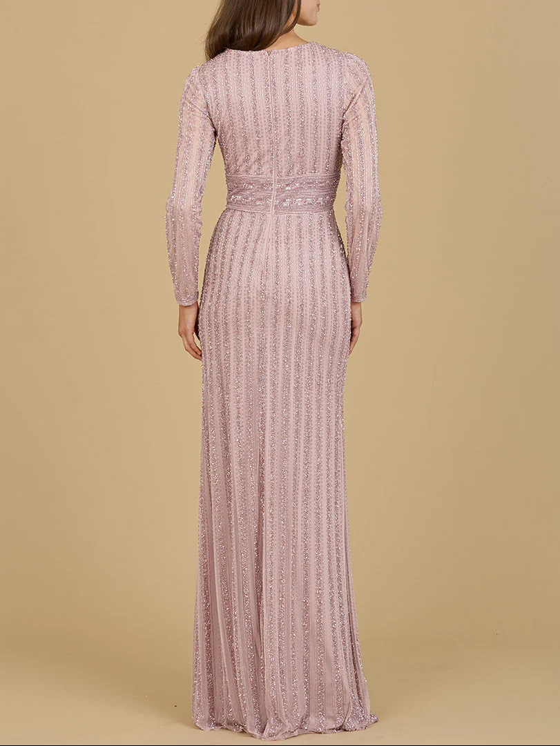 Long Sleeve V-Neck Beaded Gown - Image 3