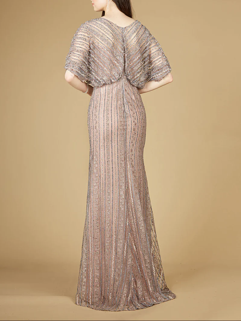 Cape Sleeve V-Neck Gown with Geometric Beading - Image 3