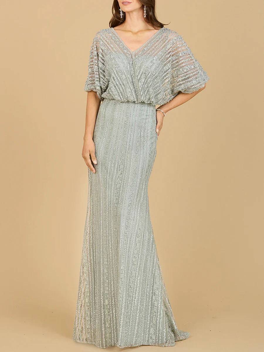 Cape Sleeve V-Neck Gown with Geometric Beading - Image 4