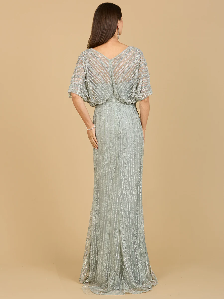 Cape Sleeve V-Neck Gown with Geometric Beading - Image 6