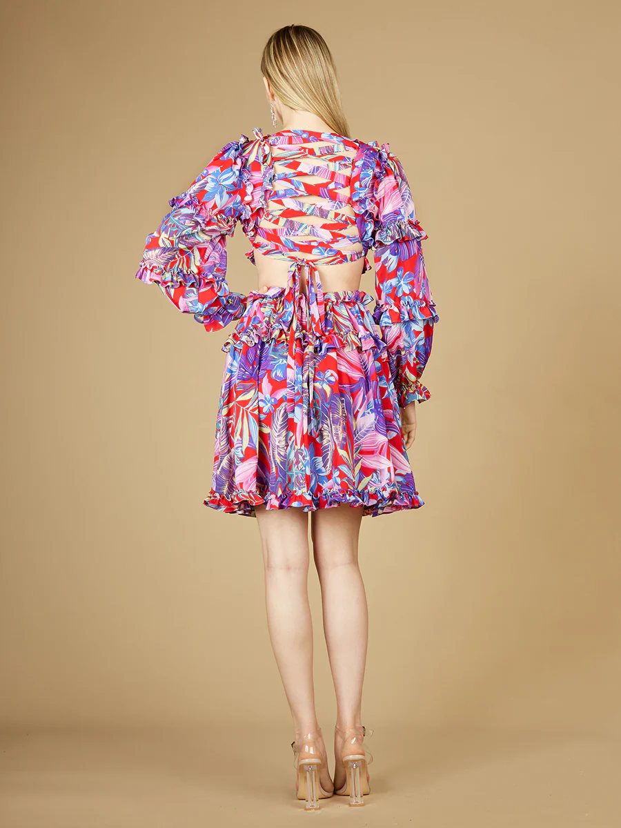 Long Sleeve Print Cocktail Short with Lace Up Back and Cutouts - OUTLET - Image 3