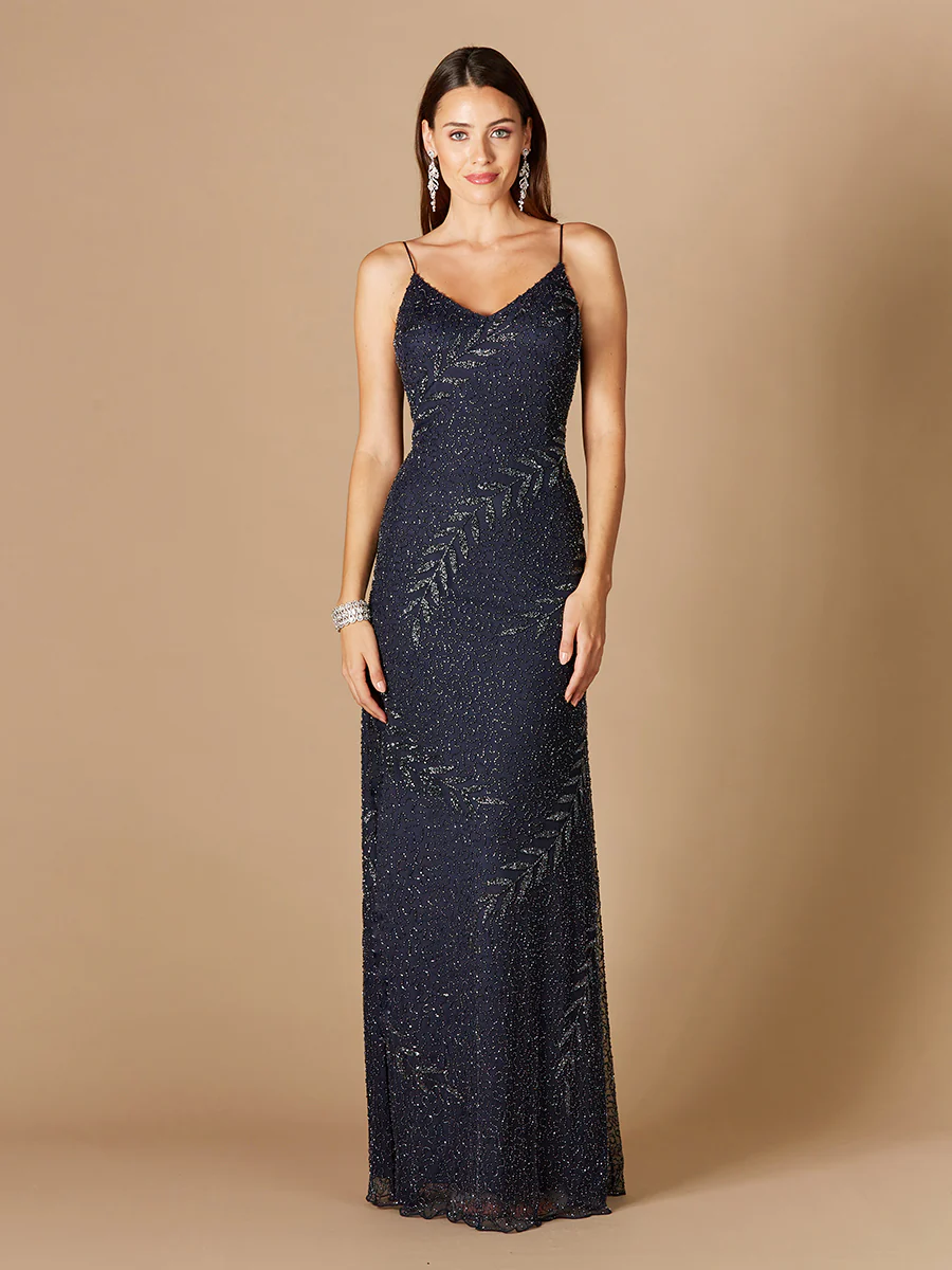 Beaded Spaghetti Strap Navy Full-Length Gown - Image 3
