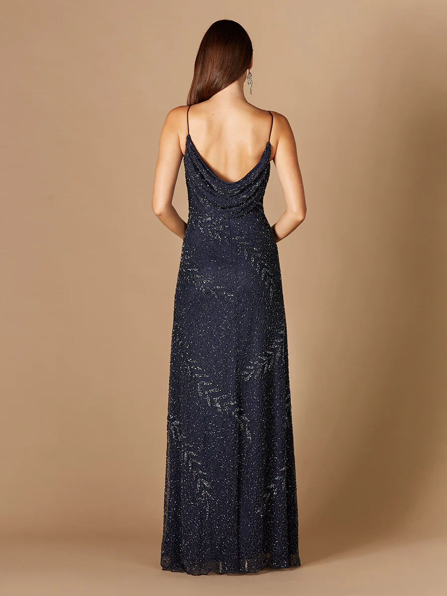 Beaded Spaghetti Strap Navy Full-Length Gown - Image 4