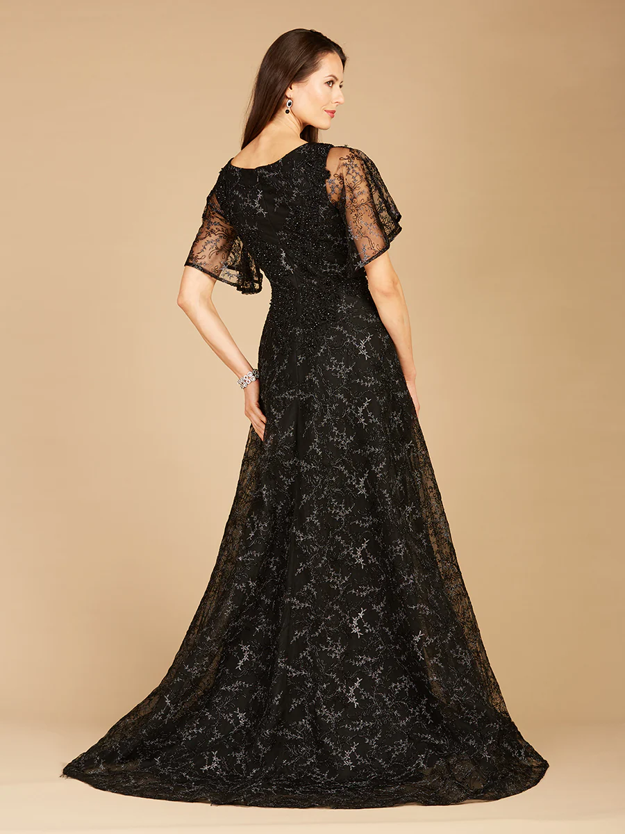Cape Sleeve Beaded Gown in Black  - OUTLET - Image 3