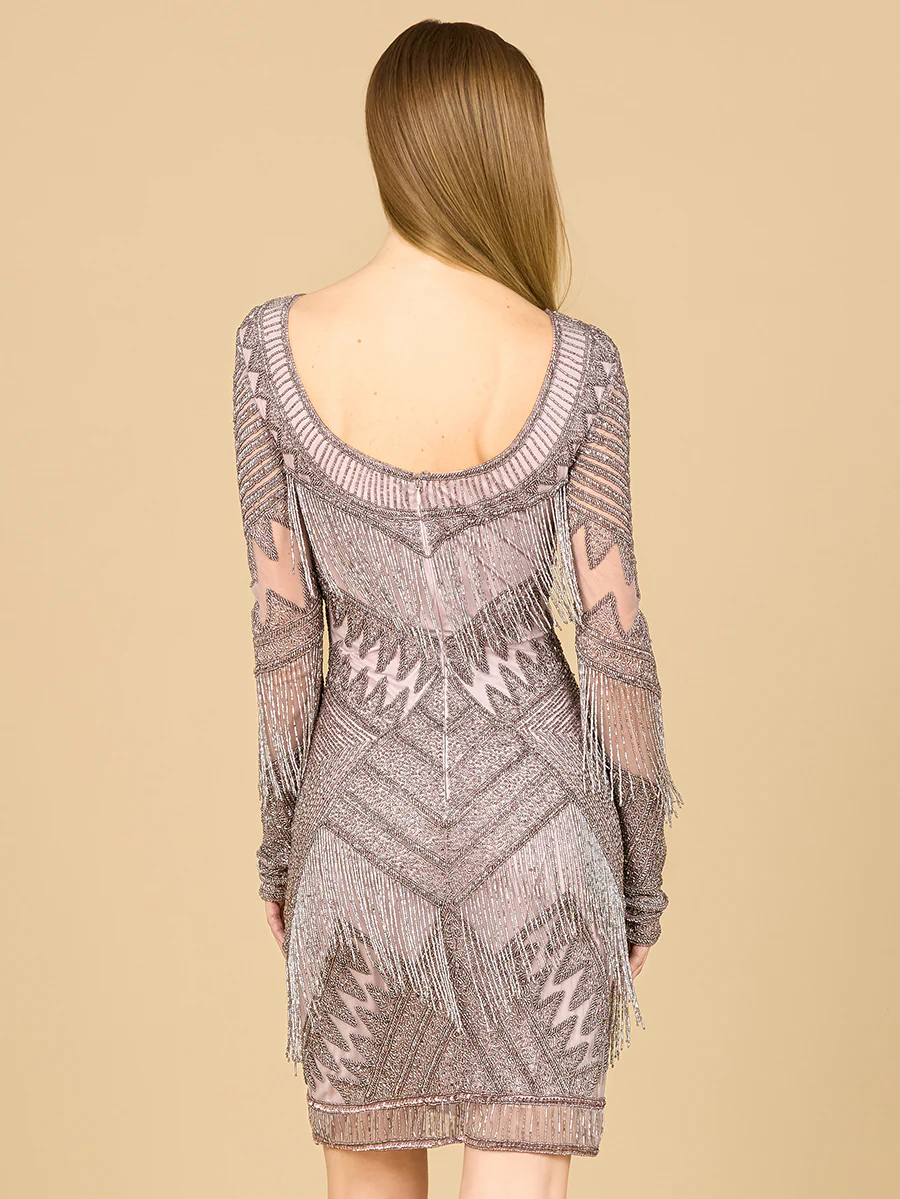 Long Sleeve Beaded V-Neck Fringe Cocktail Mini OUTLET - Image 3