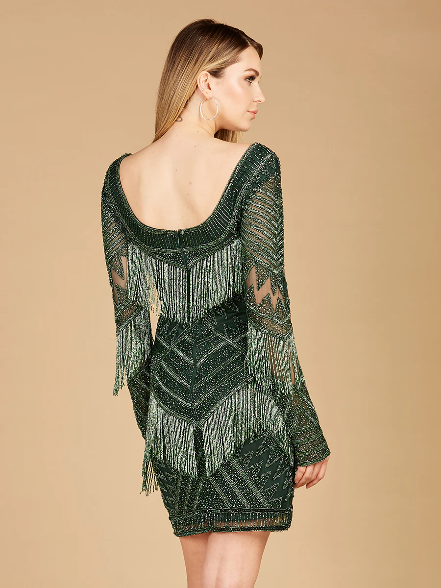 Long Sleeve Beaded V-Neck Fringe Cocktail Mini OUTLET - Image 5