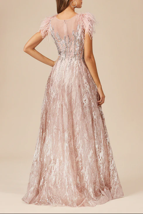 Lace ballgown with Feather Cap Sleeves - Image 5